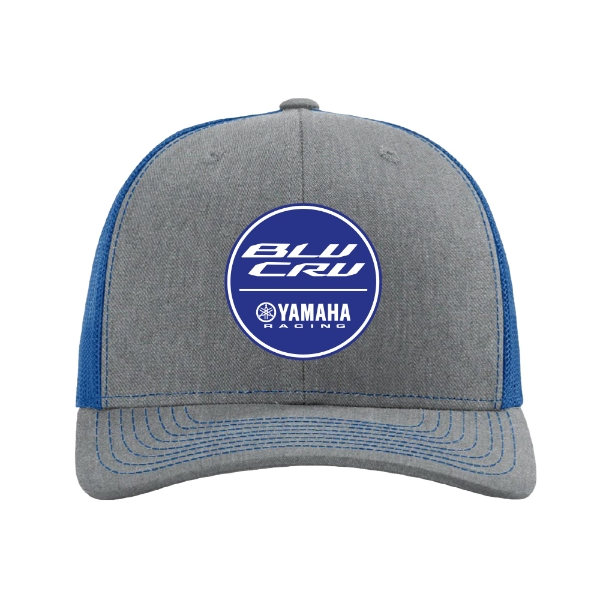 Front view of a gray and blue Richardson hat featuring the Yamaha BLU CRU logo patch.