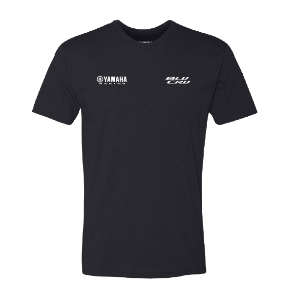 Front view of a black tee with Yamaha Racing and BLU CRU logos printed in white on the chest.