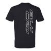 Back view of a black tee featuring a large vertical BLU CRU graphic in white.