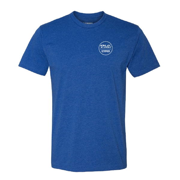 Front view of a blue tee with a small round Yamaha BLU CRU logo printed in white on the left chest.