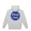 Back view of a light gray hoodie featuring a large round Yamaha BLU CRU Racing graphic in blue.