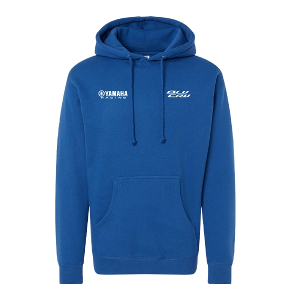 Front view of a blue hoodie with Yamaha Racing and BLU CRU logos printed in white on the chest.
