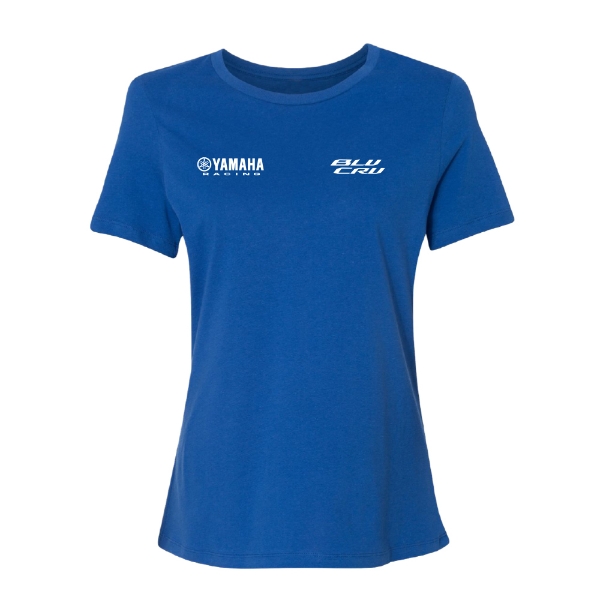 Front view of a women’s blue tee with Yamaha Racing and BLU CRU logos printed in white on the chest.