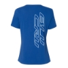 Back view of a women’s blue tee featuring a large vertical BLU CRU graphic in white.