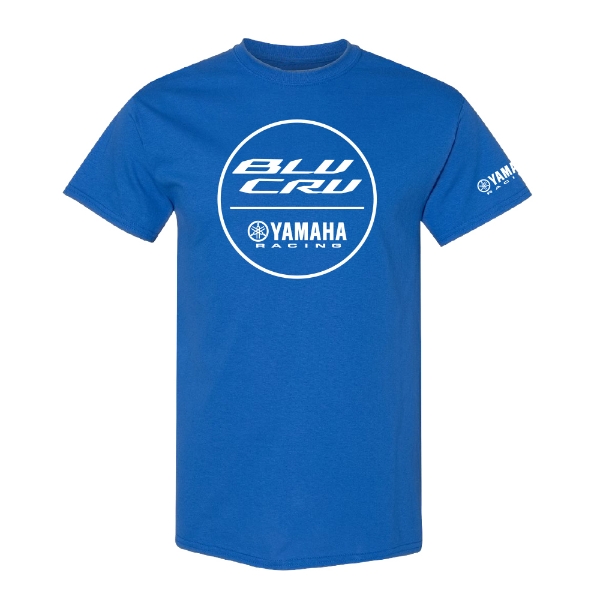Front view of a youth blue tee featuring a large round Yamaha BLU CRU logo printed in white.