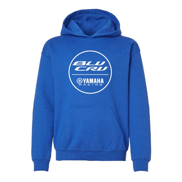 Front view of a youth blue hoodie featuring a large round Yamaha BLU CRU logo printed in white.
