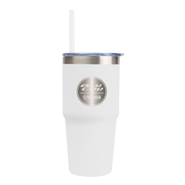 Front view of a white stainless‑steel tumbler with a clear lid, straw, and a printed Yamaha BLU CRU logo.