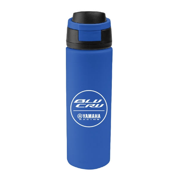 Front view of a blue stainless‑steel water bottle with a black pop‑top lid and a white Yamaha BLU CRU logo.
