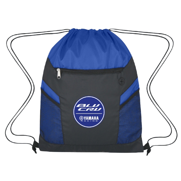 Front view of a black and blue ripstop drawstring bag with mesh pockets, a front zippered pocket, and a white Yamaha BLU CRU logo.