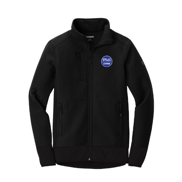 Front view of a black BLU CRU jacket featuring a subtle textured fabric and a round Yamaha BLU CRU logo on the left chest.