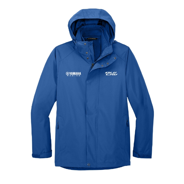 Front view of a Yamaha blue BLU CRU 3‑in‑1 jacket with hood, featuring Yamaha Racing and BLU CRU logos on the chest.