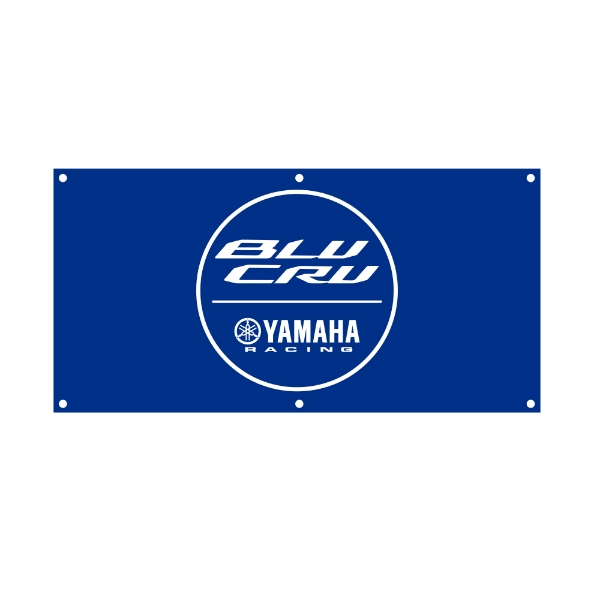 Front view of a blue BLU CRU 2 by 4 foot banner featuring the round BLU CRU and Yamaha Racing logo with metal grommets in each corner.