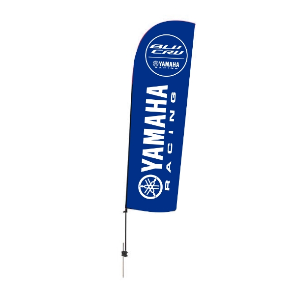 Front view of a tall blue BLU CRU sail sign featuring vertical Yamaha Racing text and the BLU CRU logo near the top.