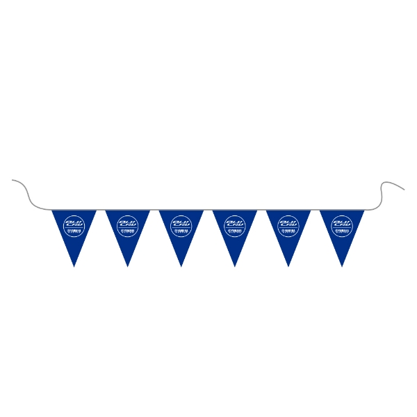 Front view of a BLU CRU pennant string featuring multiple blue triangle flags printed with the BLU CRU and Yamaha Racing logo.